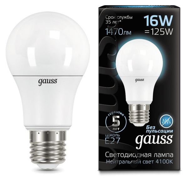Лампа светодиодная Gauss A60 16Вт цок.:E27 груша 220B 4100K св.свеч.бел.нейт. (упак.:10шт) (102502216)