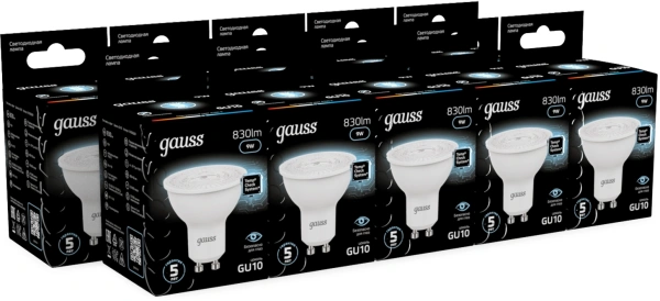 Лампа светодиодная Gauss 101506209 9Вт цок.:GU10 (упак.:10шт) рефлек. 150B св.свеч.бел.нейт. MR16
