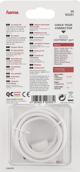 Автомобильное зар./устр. Hama H-183291 1A для Apple кабель Apple Lightning белый (00183291)