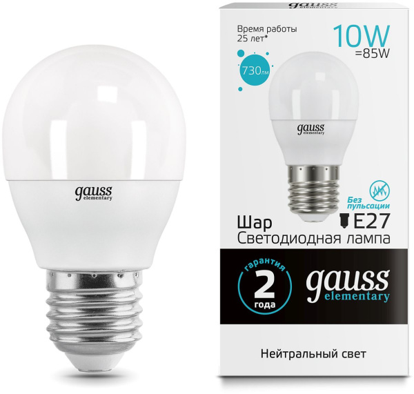 Лампа светодиодная Gauss Elementary 10Вт цок.:E27 шар 220B 4100K св.свеч.бел.нейт. (упак.:10шт) (53220)