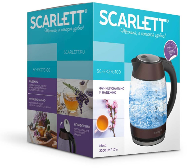 Чайник электрический Scarlett SC-EK27G100 1.7л. 2200Вт коричневый/черный корпус: стекло