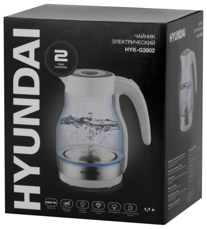 Чайник электрический Hyundai HYK-G3802 1.7л. 2200Вт белый/серебристый (корпус: стекло)