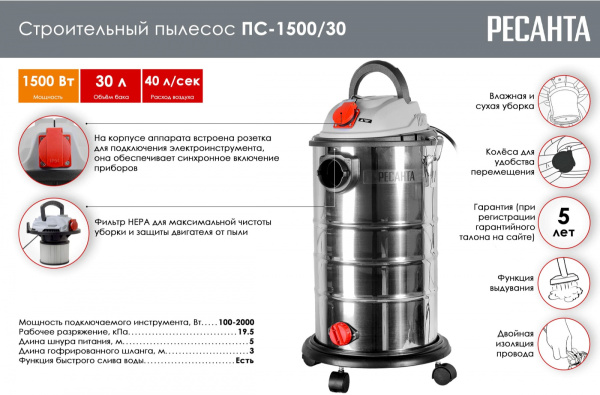 Строительный пылесос Ресанта ПС-1500/30 1500Вт (уборка: сухая/влажная) серебристый