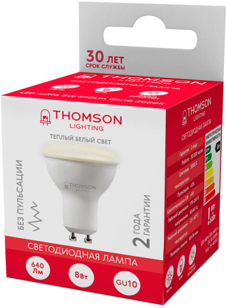 Лампа светодиодная Thomson TH-B2053 8Вт цок.:GU10 полусф. 220B 3000K св.свеч.бел.теп. MR16 (упак.:1шт)