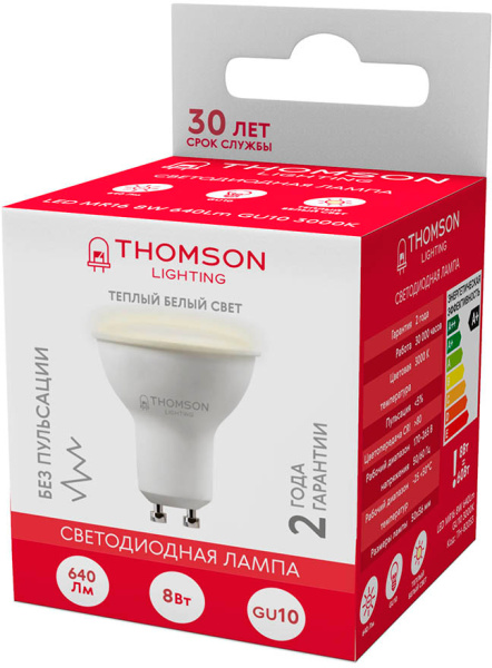 Лампа светодиодная Thomson TH-B2053 8Вт цок.:GU10 полусф. 220B 3000K св.свеч.бел.теп. MR16 (упак.:1шт)