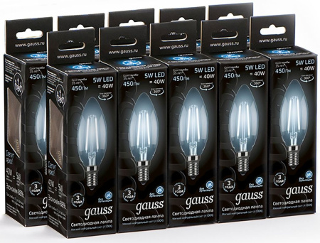 Лампа филам. Gauss 5Вт цок.:E14 свеча 220B 4100K св.свеч.бел.нейт. C37 (упак.:10шт) (103801205)