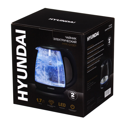 Чайник электрический Hyundai HYK-G1001 1.7л. 2200Вт черный (корпус: стекло)
