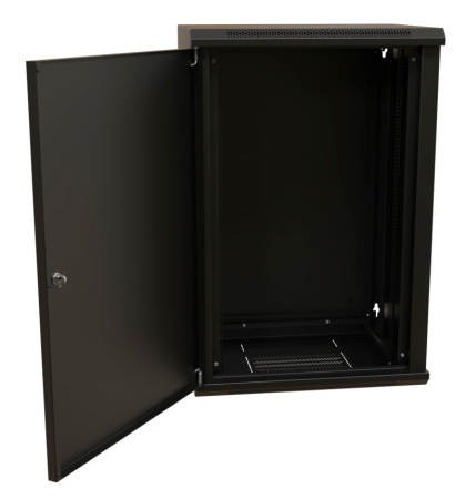 Шкаф коммутационный WRline (WR-TW-1845-SR-RAL9004) настенный 18U 600x450мм пер.дв.металл 2 бок.пан. направл.под винты 60кг черный 370мм 908мм IP20 сталь