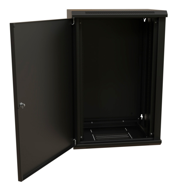 Шкаф коммутационный WRline (WR-TW-1845-SR-RAL9004) настенный 18U 600x450мм пер.дв.металл 2 бок.пан. направл.под винты 60кг черный 370мм 908мм IP20 сталь