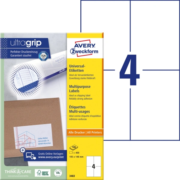 Этикетки Avery Zweckform 3483 A4 105x148мм 4шт на листе/70г/м2/100л./белый матовое самоклей. универсальная