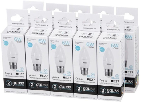 Лампа светодиодная Gauss Elementary 6Вт цок.:E27 свеча 220B 4100K св.свеч.бел.нейт. C37 (упак.:10шт) (33226)