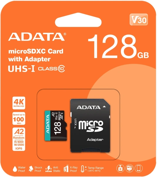 Флеш карта microSDXC 128Gb Class10 A-Data AUSDX128GUI3V30SA2-RA1 Premier Pro + adapter