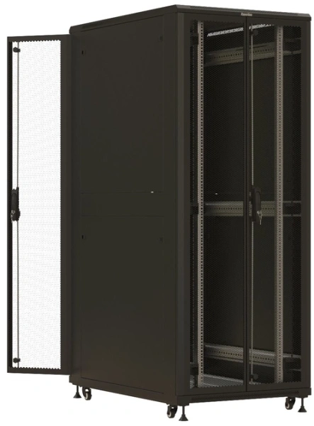 Шкаф серверный Hyperline TTBR-4282-DD-RAL9004 напольный 42U 800x1200мм пер.дв.перфор.2ств. 4 бок.пан. задн.дв.перфор.2-хст. 1000кг черный 1110мм 2055мм IP20 сталь