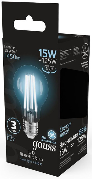 Лампа светодиодная Gauss Filament 102902215 15Вт цок.:E27 груша 220B 4100K св.свеч.бел.нейт. (упак.:1шт)