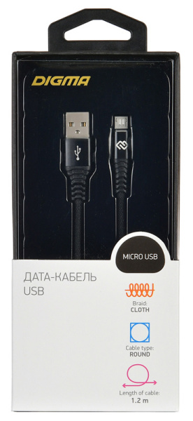 Кабель Digma MICROUSB-1.2M-BRAIDED-BLK USB (m)-micro USB (m) 1.2м черный