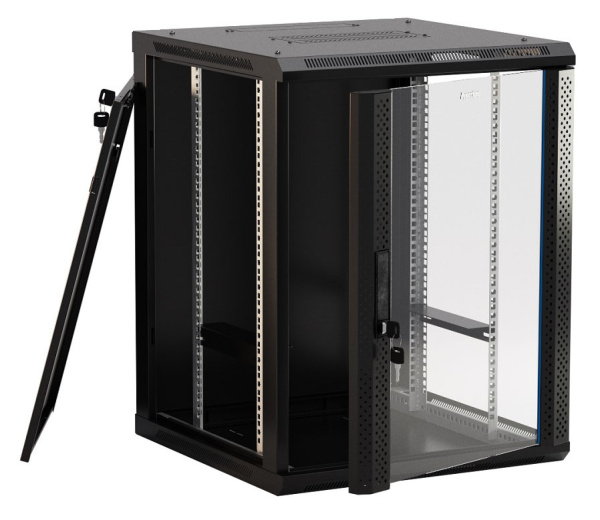 Шкаф коммутационный Hyperline (TWB-1845-GP-RAL9004) настенный 18U 600x450мм пер.дв.стекл 60кг черный 275мм 180град. 908мм IP20 сталь