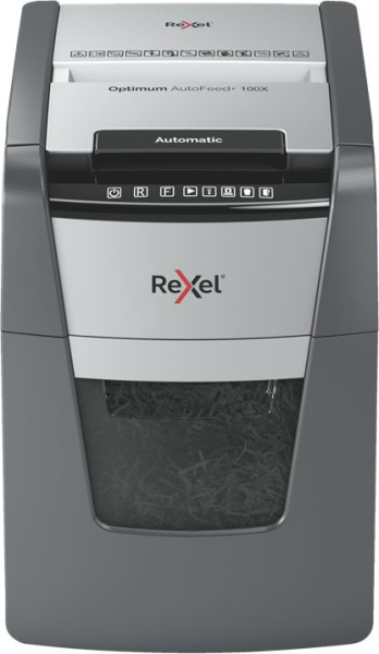 Шредер Rexel Optimum AutoFeed 100X черный с автоподачей (секр.P-4) фрагменты 100лист. 34лтр. скрепки скобы пл.карты