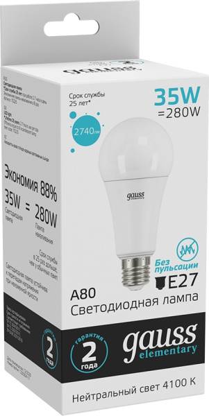 Лампа светодиодная Gauss Elementary A67 35Вт цок.:E27 (упак.:10шт) груша 220B св.свеч.бел.нейт. А67