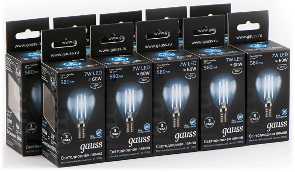 Лампа светодиодная Gauss Filament 7Вт цок.:E14 шар 220B св.свеч.бел.нейт. P45 (упак.:10шт) (105801207)